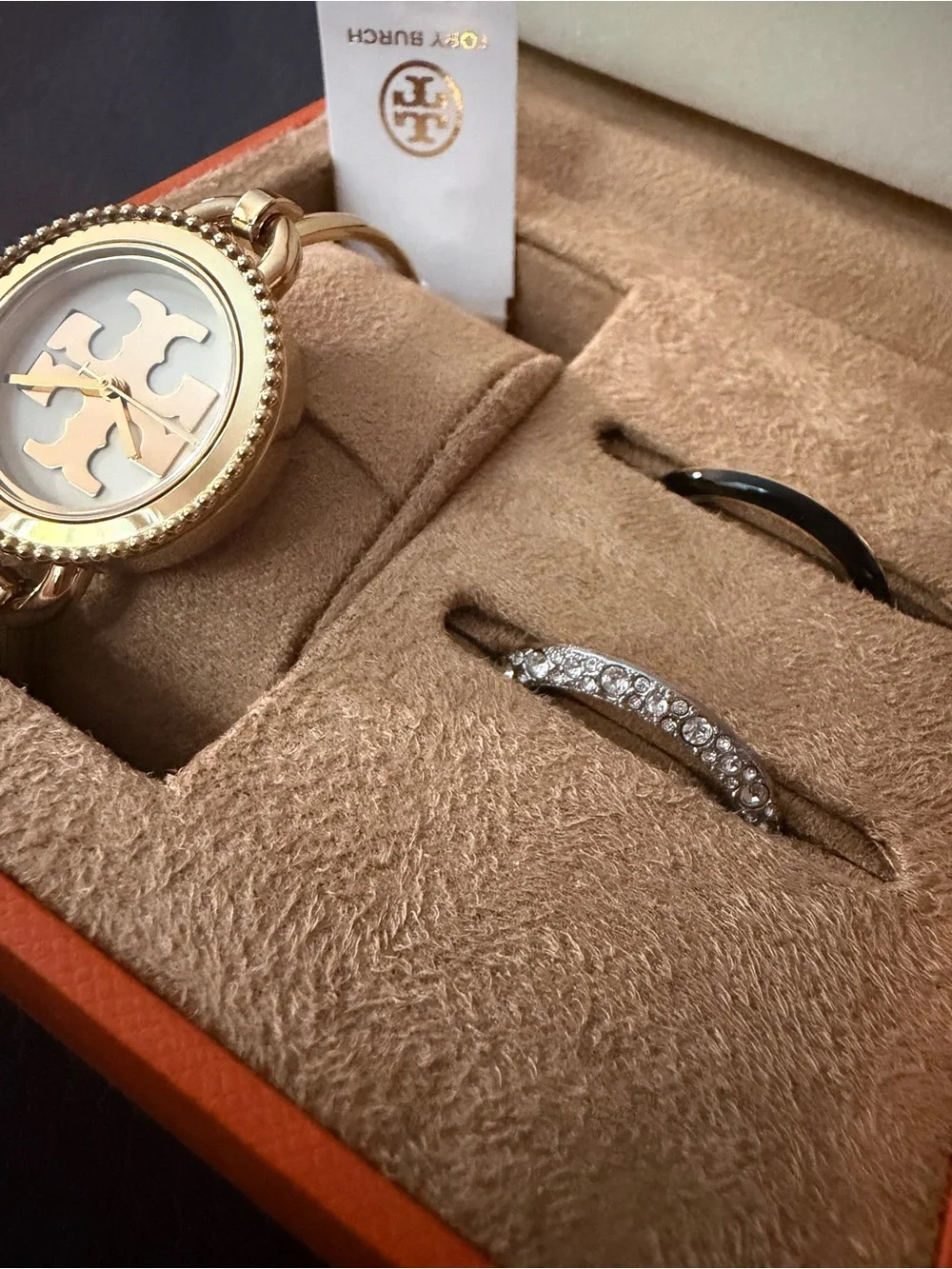 Tory Burch Gold-Tone Logo Dial Bangle Watch with White Face